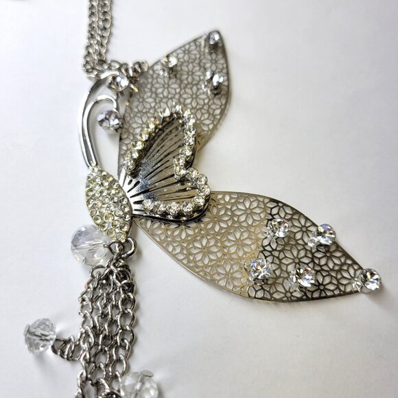 Filigree Butterfly Pendant Necklace with Aurora Borealis colourful Rhinestones - Picture 10 of 13